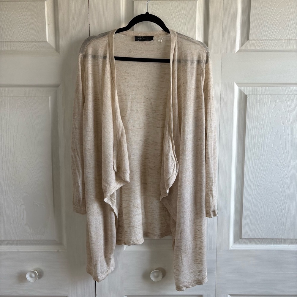 LYN Linen Cardigan 2X Beige Open Front Lightweight Stretch Lagenlook Teacher
